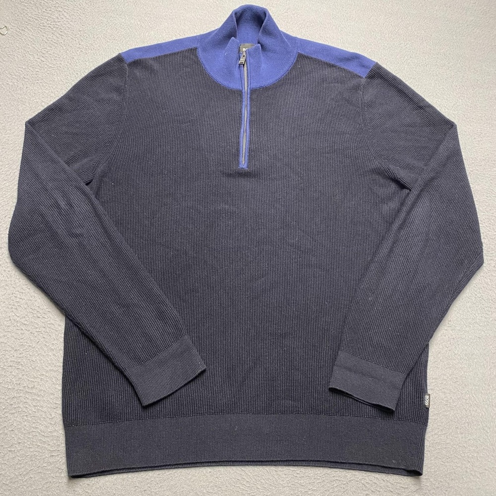 BOSS Hugo Boss Sweater Mens XL Blue 1/4 Zip Mock‎ Neck Waffle-Knit Pullover